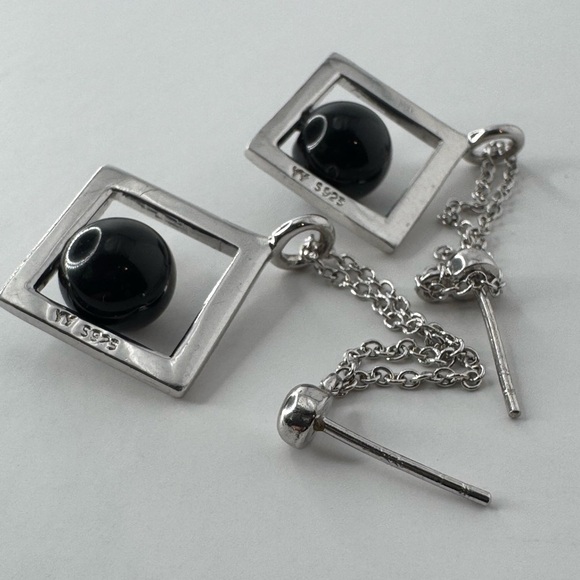 925 Silver and Black Geometric modernist Drop Earrings - Picture 7 of 8